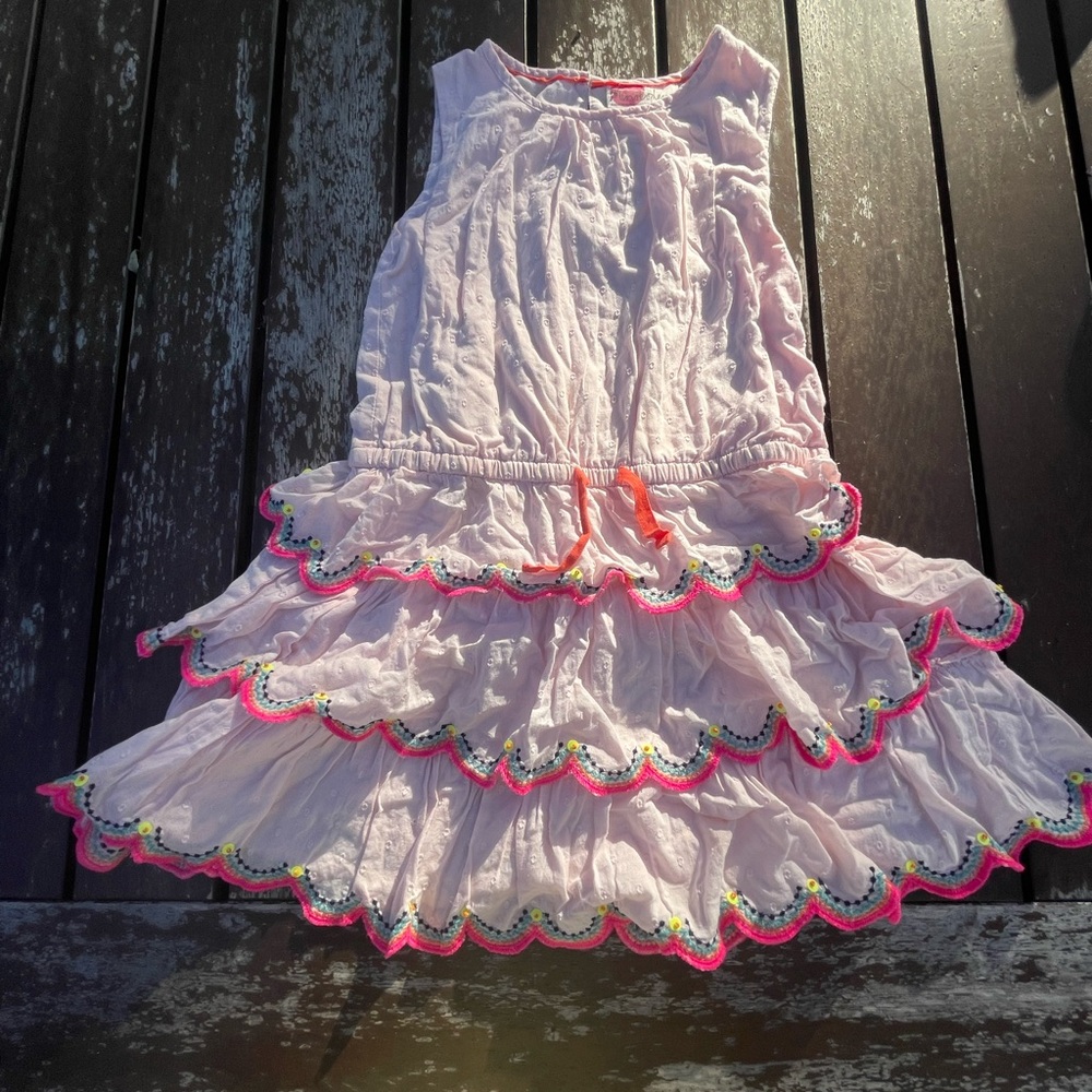 Mini Boden Light Pink Tiered Dress with Bright Pink Trim